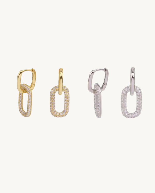 AVELI - Copper Link Hoop Earrings with Crystal Embellishments - Yellow Gold Tone, Elegant Double Oval Design