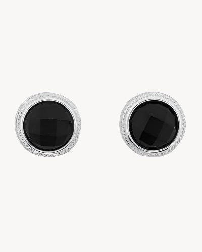 AVELI Silver Tone Stainless Steel Round Black Disc / Circle (Greek Key Border) Stud Earrings