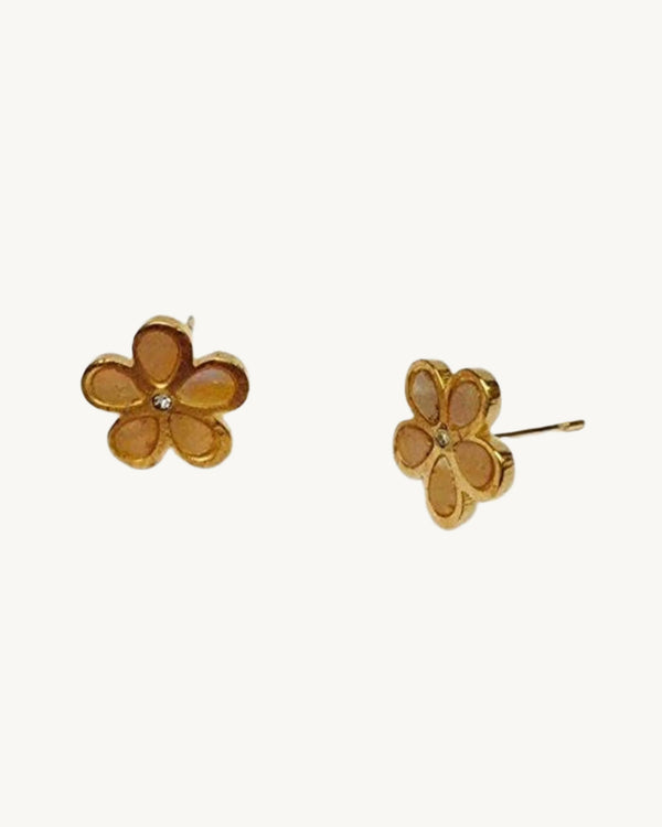 AVELI Yellow Gold Tone Stainless Steel Flower Stud Earrings with Mother of Pearl Accent