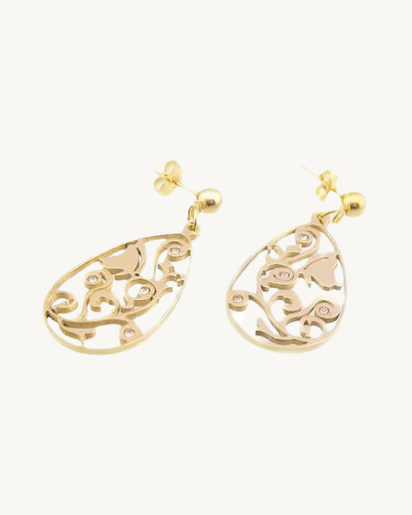 AVELI Yellow Tone Stainless Steel Filigree Teardrop Hanging Earrings with Zirconia