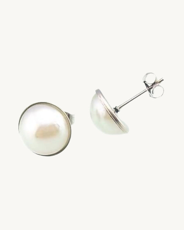 AVELI Medium Size Silver Tone Stainless Steel Half Dome Simulated Pearl Stud Earrings (11mm)