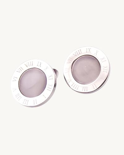AVELI Silver Tone Stainless Steel Simulated Moonstone Stud Earrings with Roman Numeral Border