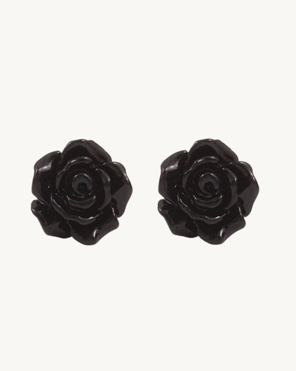 AVELI Silver Tone Stainless Steel Black Rose / Flower Stud Earrings