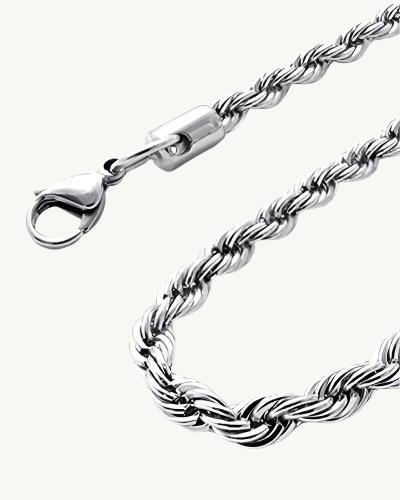 AVELI Unisex Men's and Women's 3mm Thick Silver Tone Stainless Steel Braided Rope Chain / Necklace