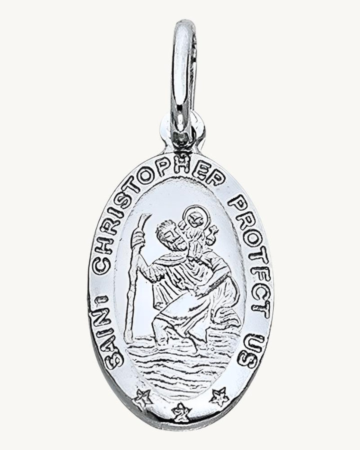 AVELI Large Stainless Steel Oval Shaped St. Christopher Protect Us Medal Pendant